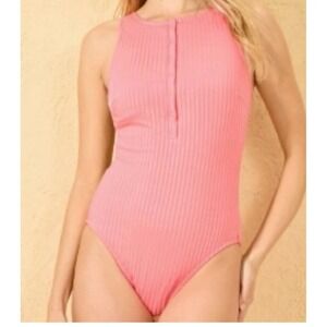 XS 0-2 Ribbed Snap Front Racer Back Coral Pink One Piece Swimsuit